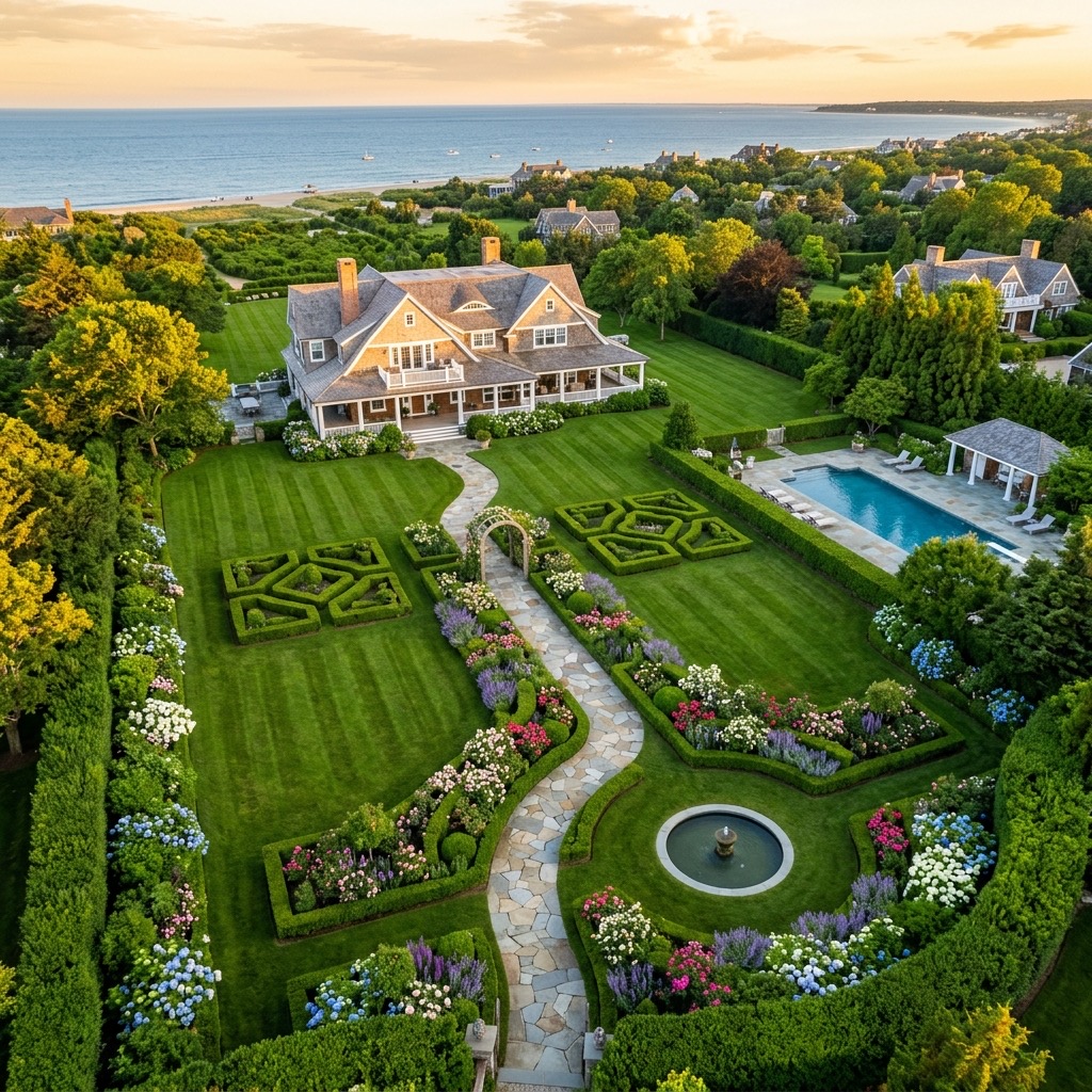 Aerial view of a manicured Hamptons estate garden at golden hour