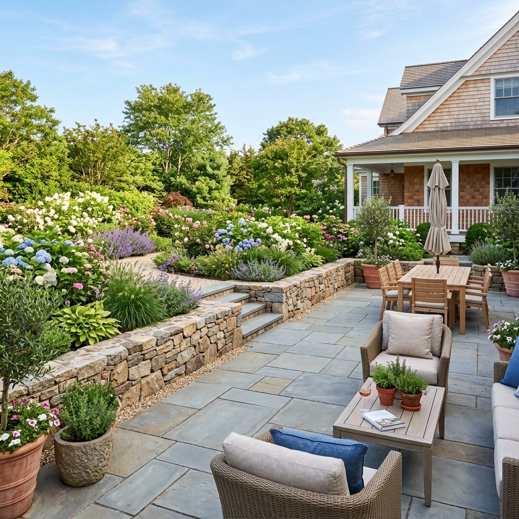 Bluestone patio with natural stone wall in a Hamptons garden
