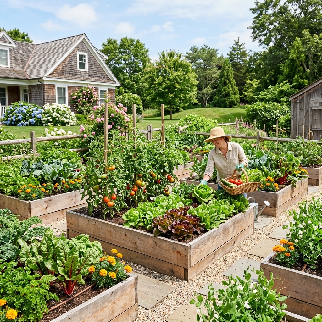 Beautiful raised bed vegetable garden in a Hamptons backyard