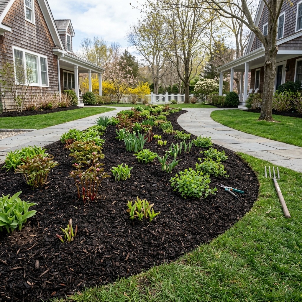 Spring garden cleanup scene in a Hamptons garden